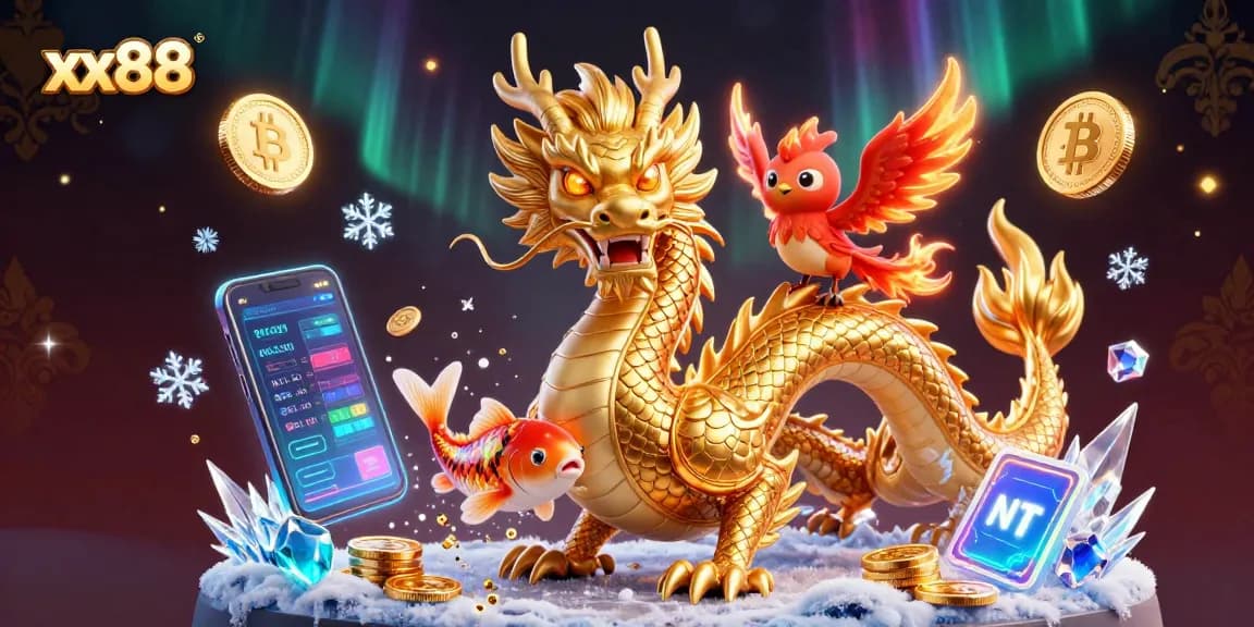 Experience thrilling gameplay at xx88 with vibrant illustrations of a dragon, phoenix, and koi fish.