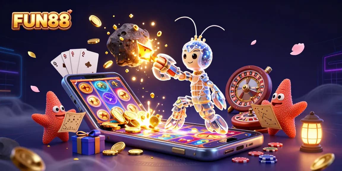 Experience FUN88's thrilling gameplay through a dynamic scene of vibrant casino elements and characters.