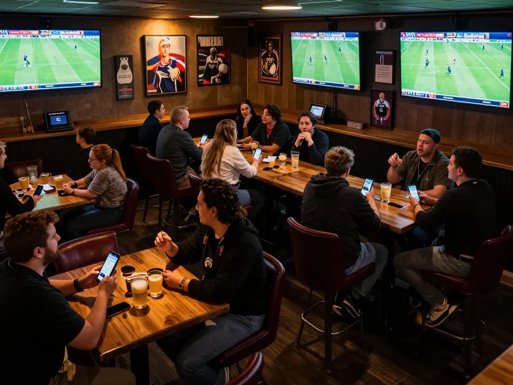 Tỷ lệ kèo nhà cái updates displayed on screens in a lively sports betting bar during live football matches.