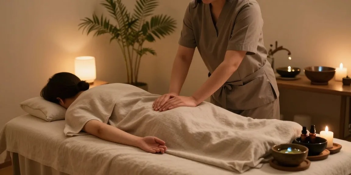 Massage therapist providing 부평출장마사지 in calm therapy room with soft lighting and relaxing ambiance.