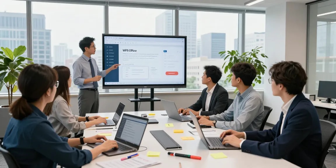 Team collaborating on WPS Official Website features in a modern office setting