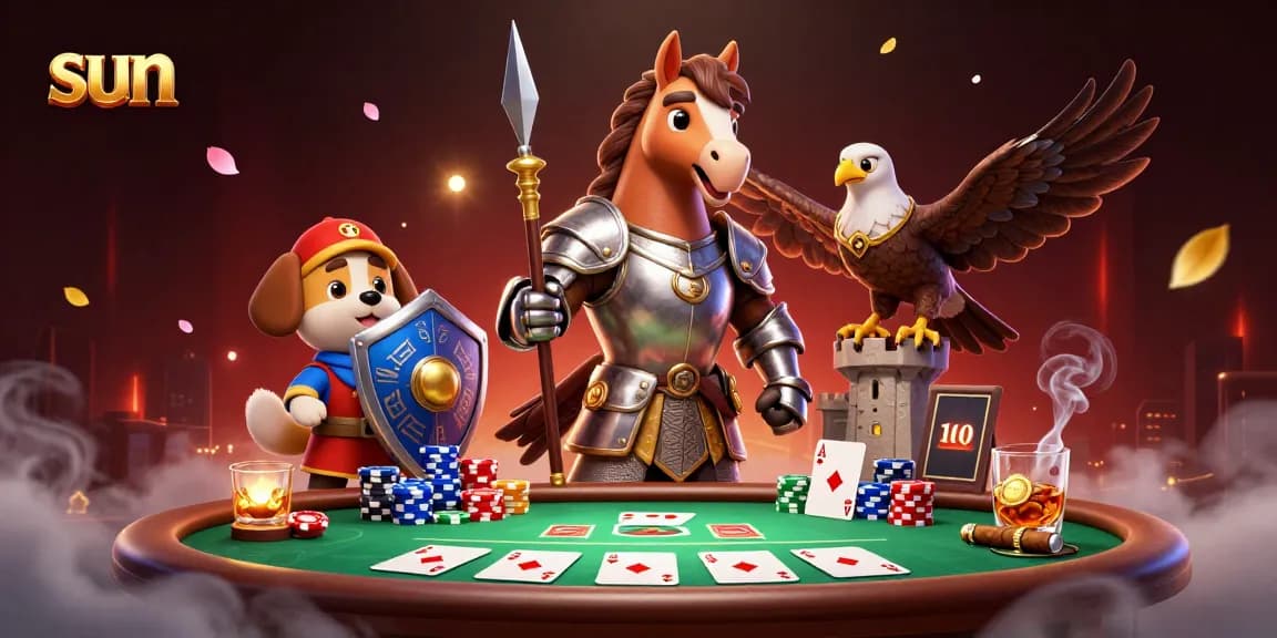 Engage in thrilling poker action at sun-themed table with knights and fierce characters.