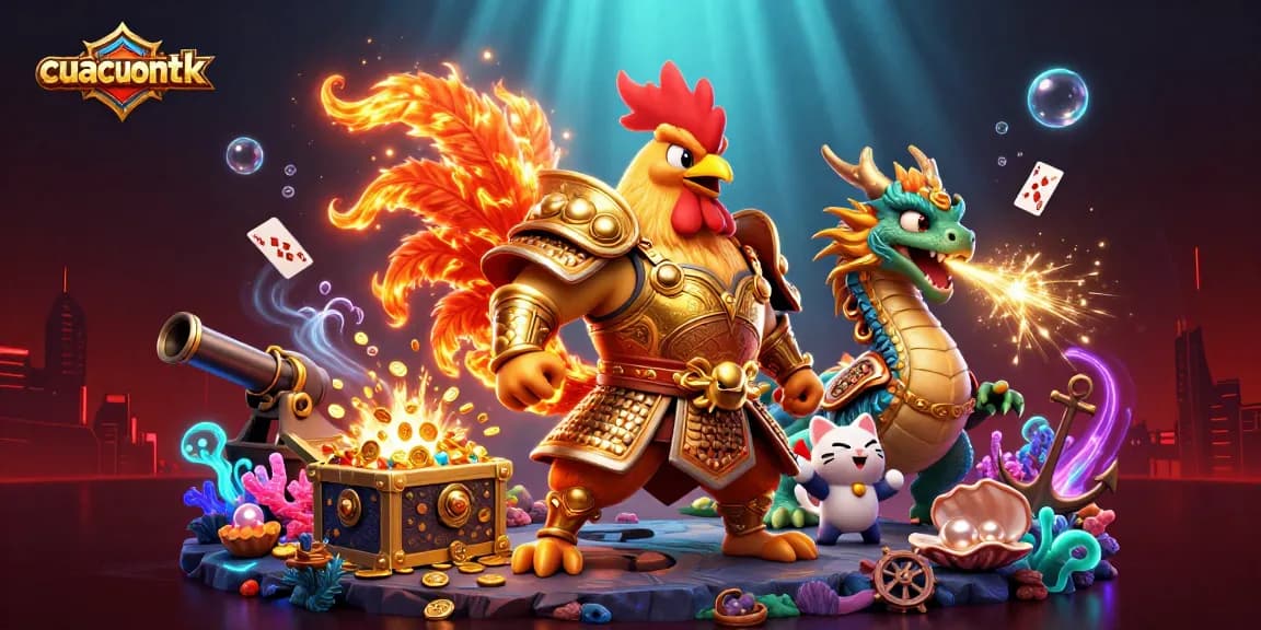 Experience exciting gaming with cuacuonttk, featuring a rooster warrior and dragon in a vibrant casino scene.