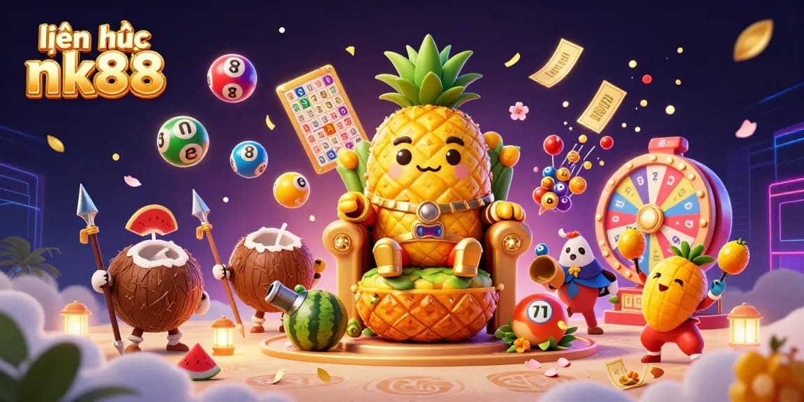 Experience vibrant gameplay at liện hệ nk88 with a lively scene featuring a pineapple king and dynamic lottery elements.