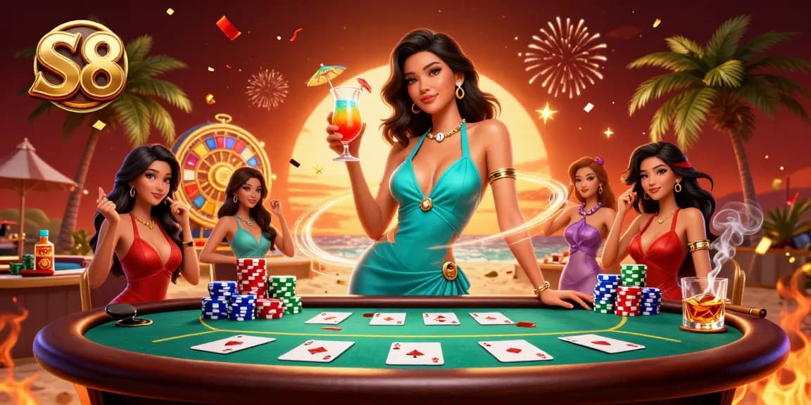 Experience S8's vibrant gaming atmosphere with a glamorous cocktail-wielding woman amidst poker excitement.