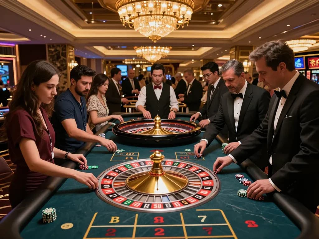 Players engaging in thrilling roulette gameplay at a casino, showcasing keonhacai betting excitement