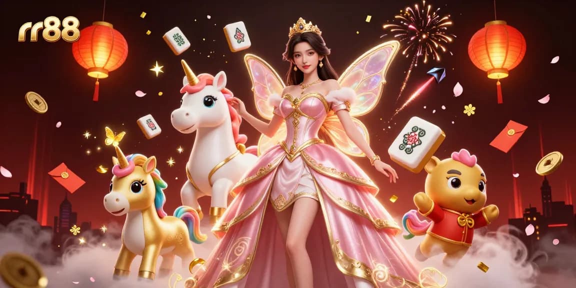 Engage with the vibrant rr88 world, featuring a glamorous Asian princess and golden unicorn surrounded by rich casino elements.