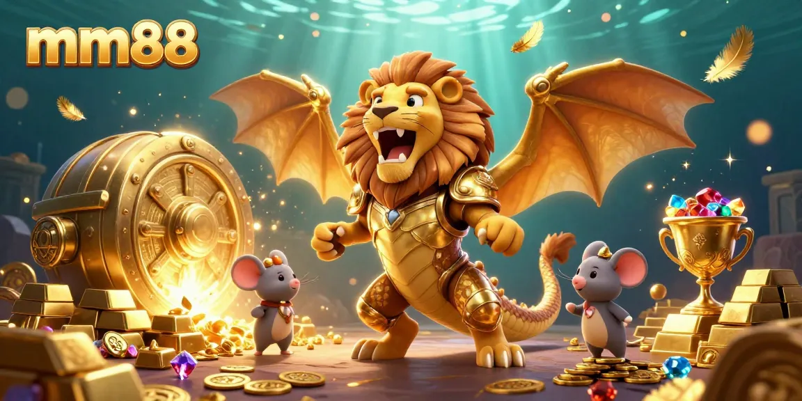 Experience the thrilling excitement of mm88 with a vibrant casino-themed 3D scene featuring a chimera and gold elements.