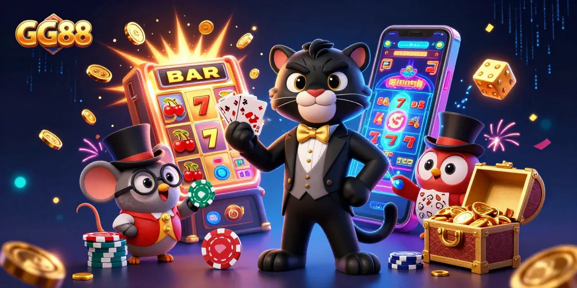 Experience the vibrant energy of GG88 with a dynamic casino illustration showcasing a stylish panther dealer amidst a jackpot explosion.