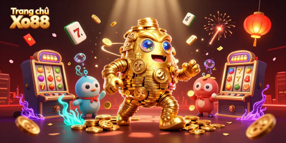 Join the fun at Trang chủ Xo88 with golden golem amidst vibrant slot machine excitement.