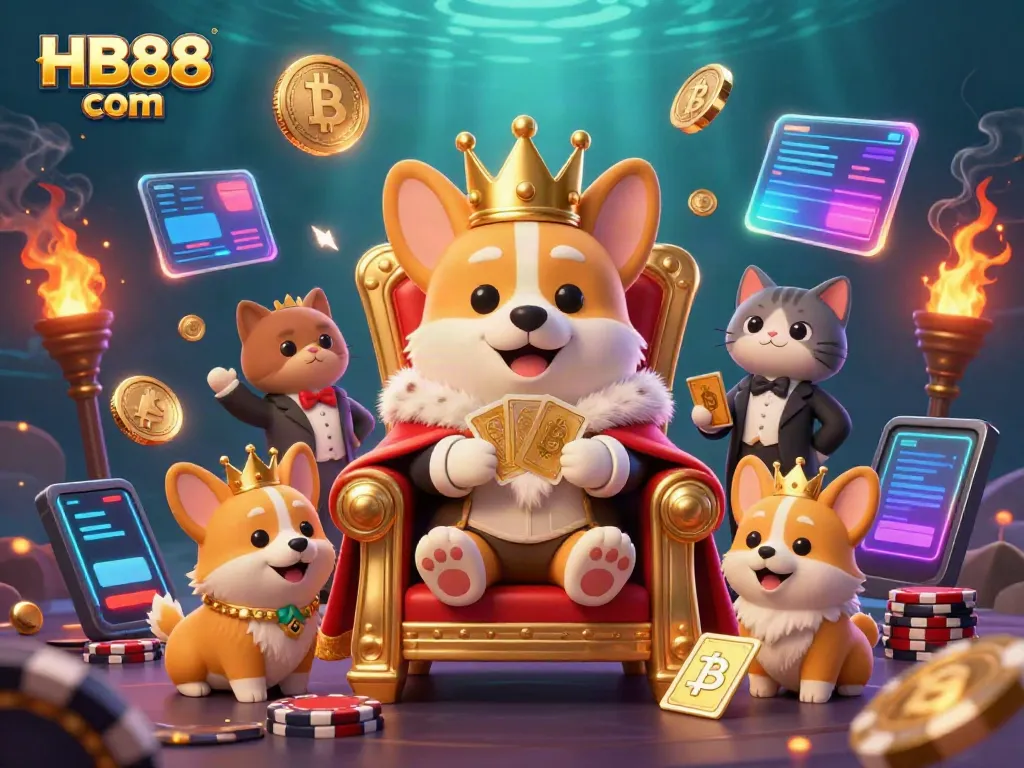 Play exciting games at HB88 com with neon 3D coins and a cartoon corgi king on a casino throne.