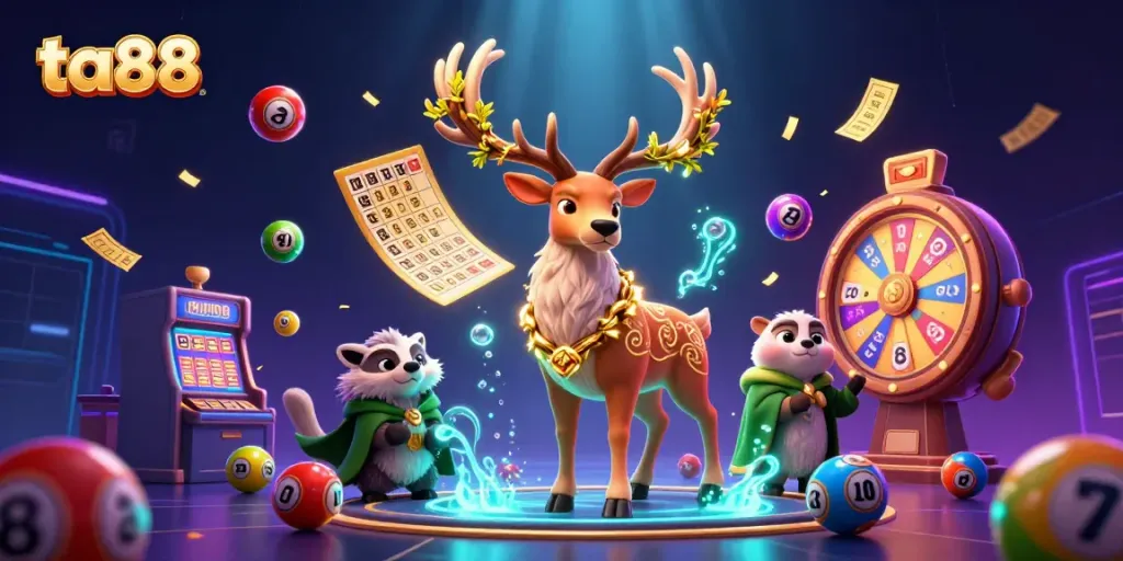Experience thrilling wins with ta88 in this vibrant online casino scene featuring a Celtic stag and a wise badger.