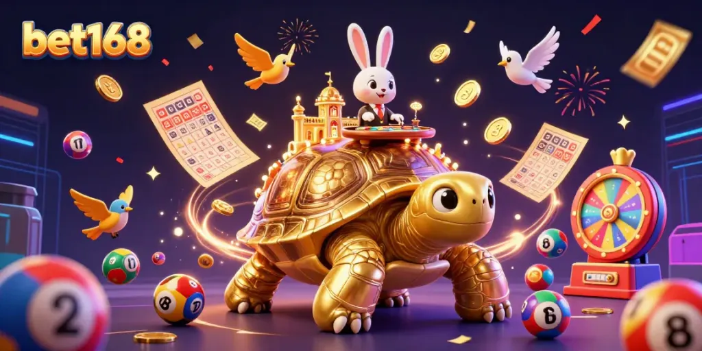 Experience thrilling wins with bet168 in this dynamic casino scene featuring a golden tortoise and a rabbit dealer.