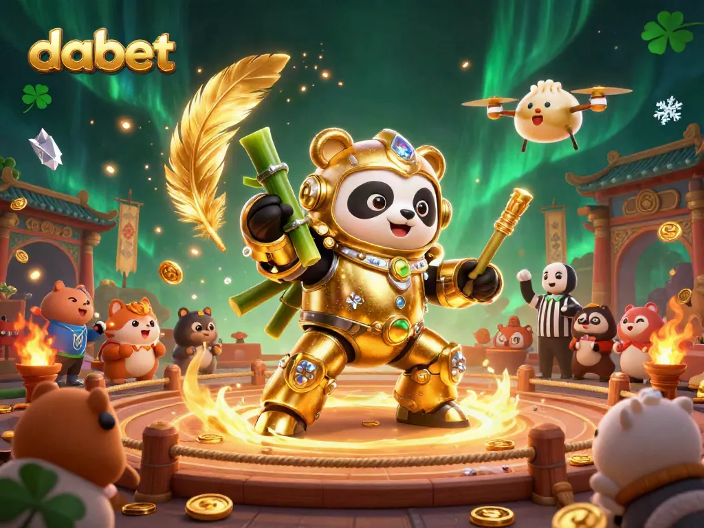 dabet showcases an exciting casino battle scene with a golden panda in a mech suit amidst vibrant decorations and cheering spectators.