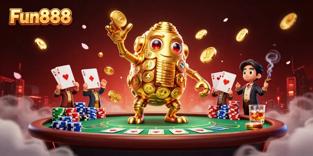 Experience Fun888 at a vibrant casino scene with a golden golem and poker elements.