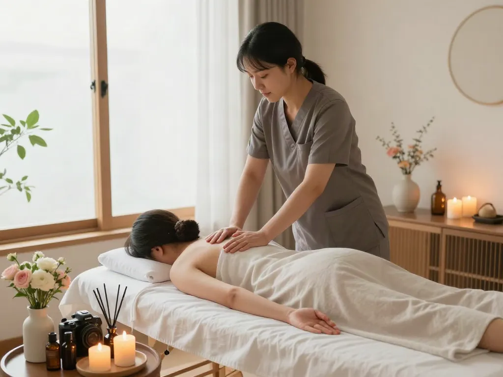 Experience soothing 용산출장안마 in a tranquil home massage setting with candles and oils.