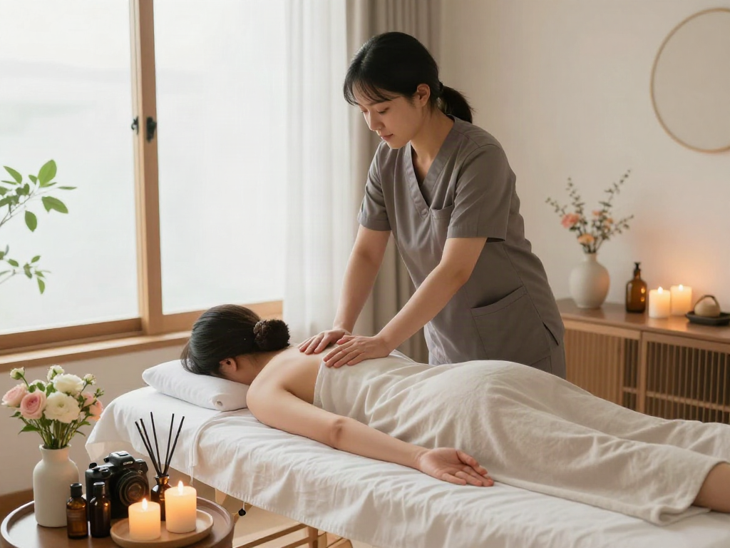 Experience soothing 용산출장안마 in a tranquil home massage setting with candles and oils.