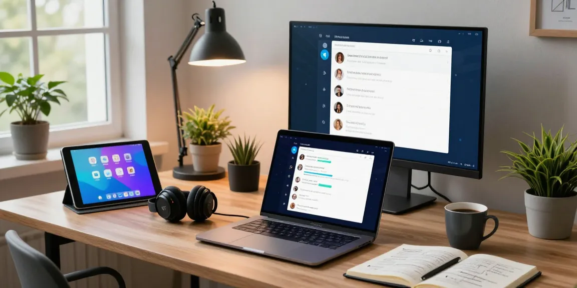 Engaging workspace featuring Telegram Web Version on a laptop, vibrant chat windows and tech gadgets.