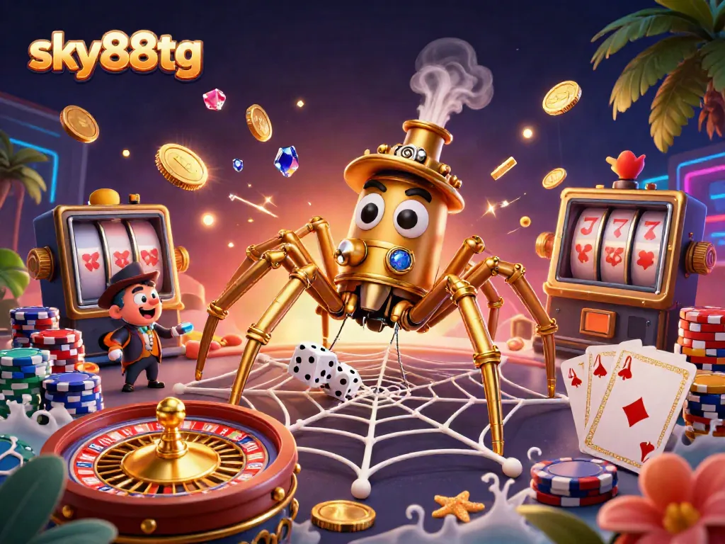 Engage with thrilling moments at sky88tg, featuring a steampunk spider and golden casino elements.