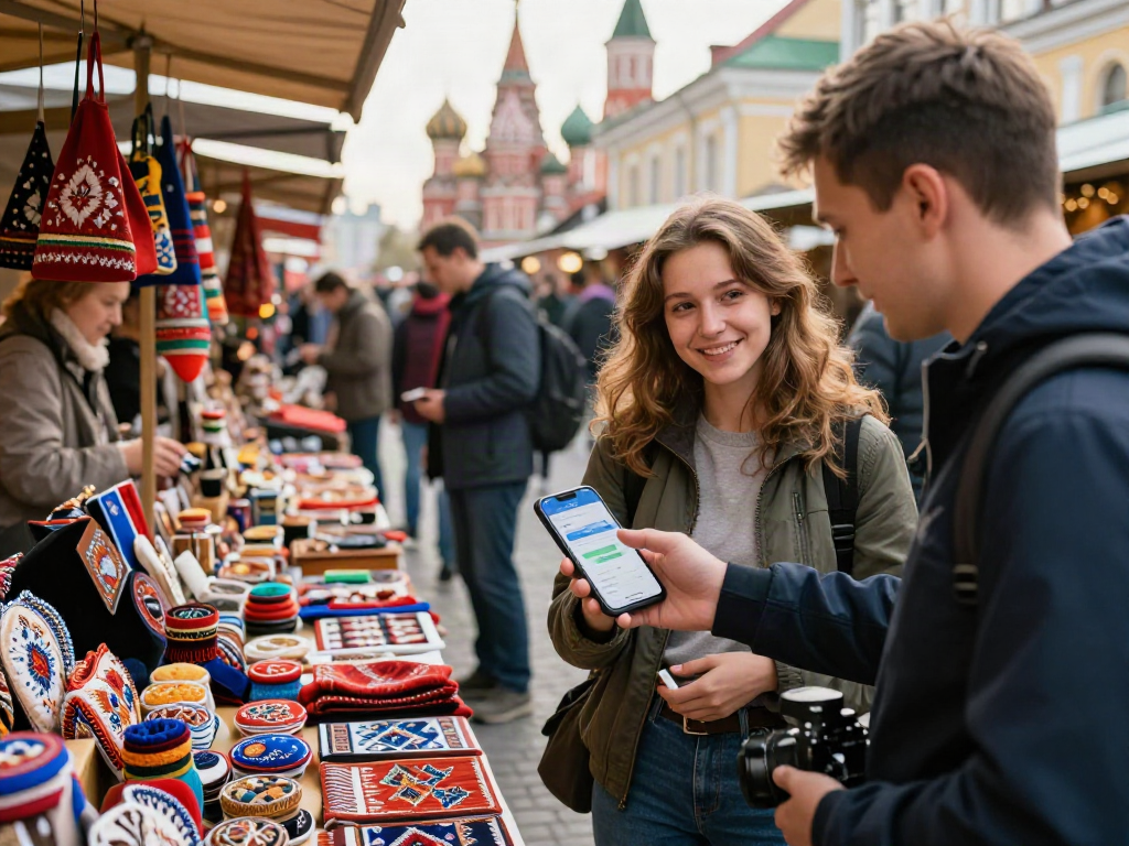Utilizando https://payinrussia.com/ para pagar en un bullicioso mercado ruso, mostrando interacciones alegres entre turistas y locales.