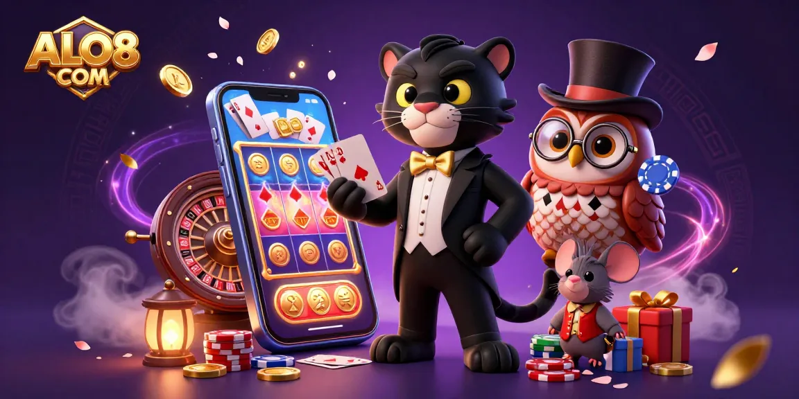 Experience the thrill of gambling at ALO8 COM with vibrant characters and exciting casino elements.