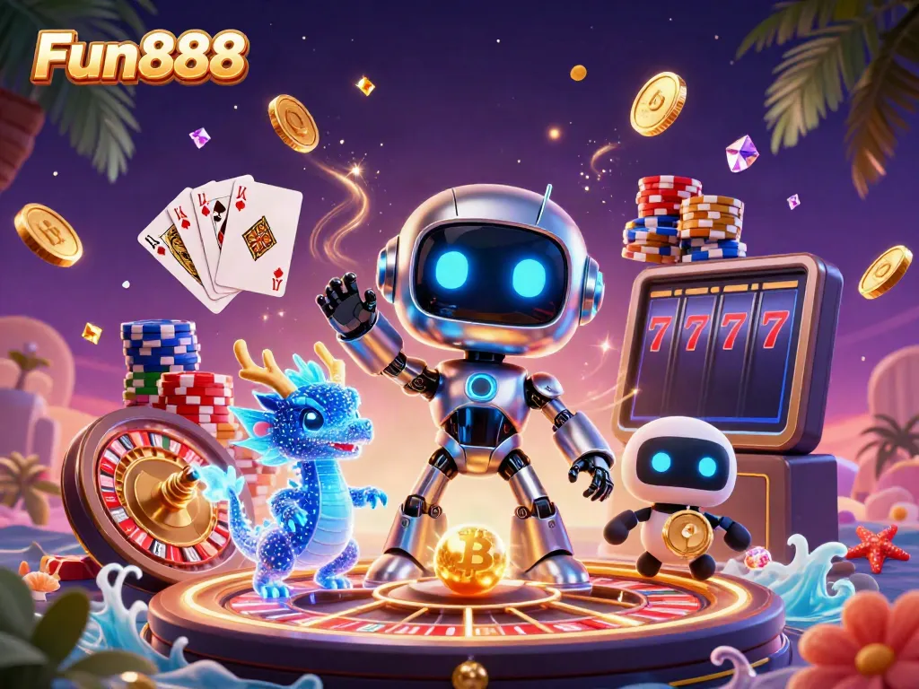 Gamble with Fun888 in this vibrant 3D scene showcasing exciting casino elements and characters.