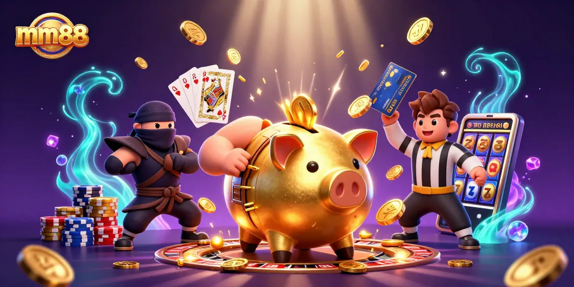 Experience excitement at mm88 with a golden piggy bank taking center stage in a vibrant 3D casino scene.