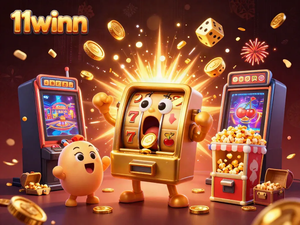 Experience exciting wins with 11winn as a golden slot machine hits the jackpot in a vibrant casino scene.