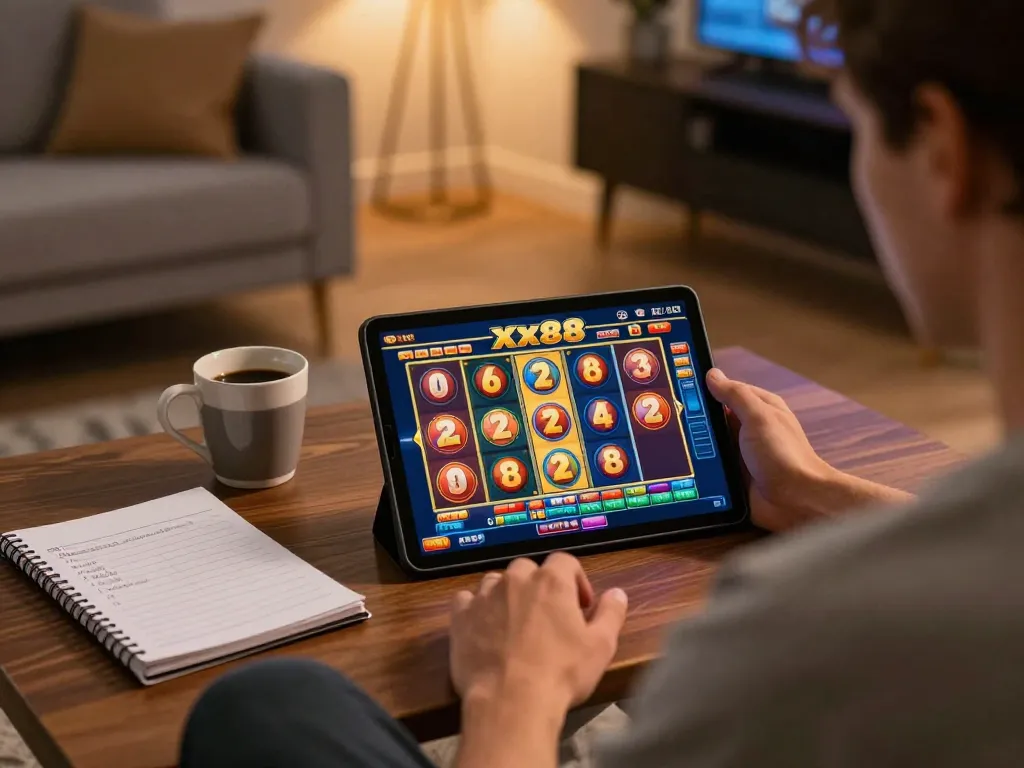 Player enjoying an engaging xx88 online slot game on tablet at home, showcasing excited gameplay.