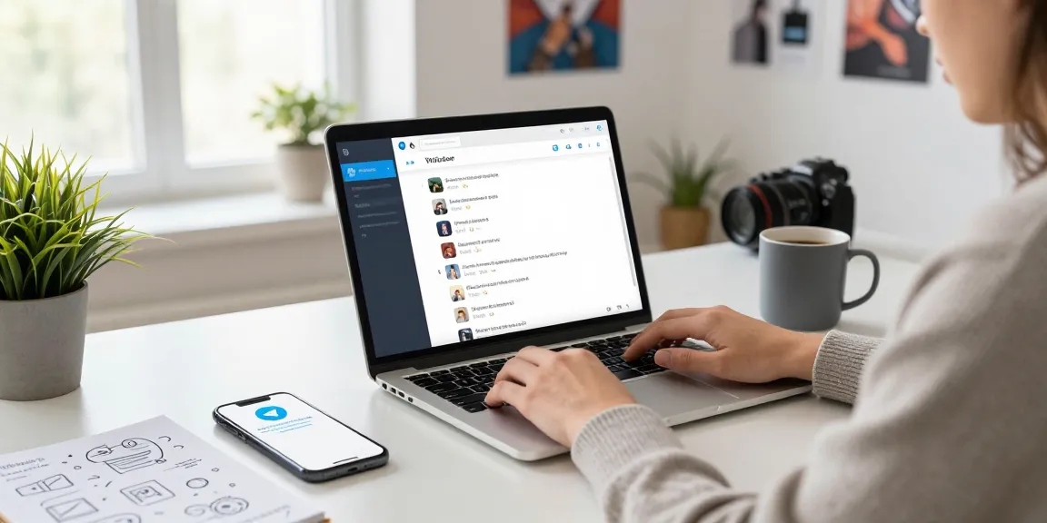 Engaged user interacting with Telegram Web on a laptop in a modern workspace.