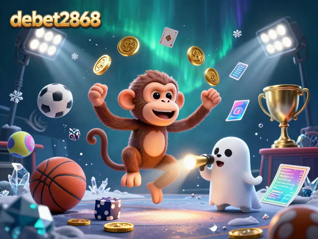 Experience the fun with debet2868 as a mischievous monkey juggles golden coins in a vibrant casino atmosphere.