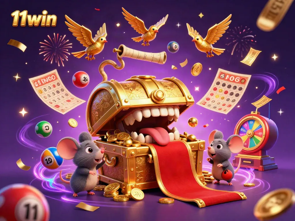 Experience thrilling rewards with 11win as adventurous mice explore treasure chests amid vibrant casino elements.