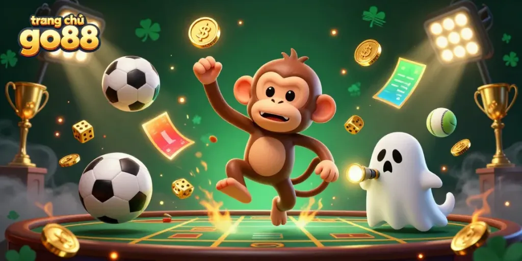 Experience the thrill at trang chủ go88 with an illustrated casino scene featuring a mischievous monkey and a ghost-hunter puppy.