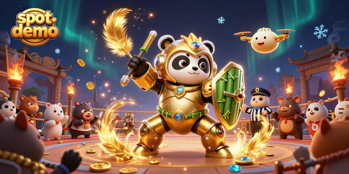 Slot demo menunjukkan aksi robot pertempuran dengan suasana kasino yang hidup.