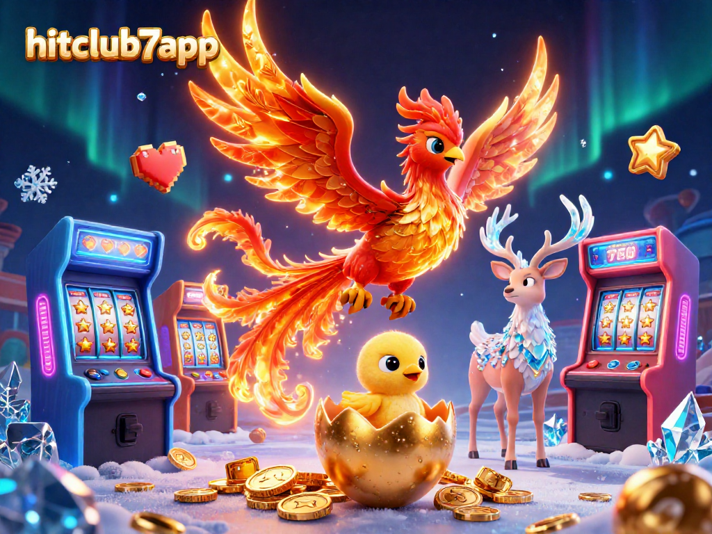 Experience the excitement of hitclub7app with a vibrant 3D scene featuring a Phoenix and arcade game elements.