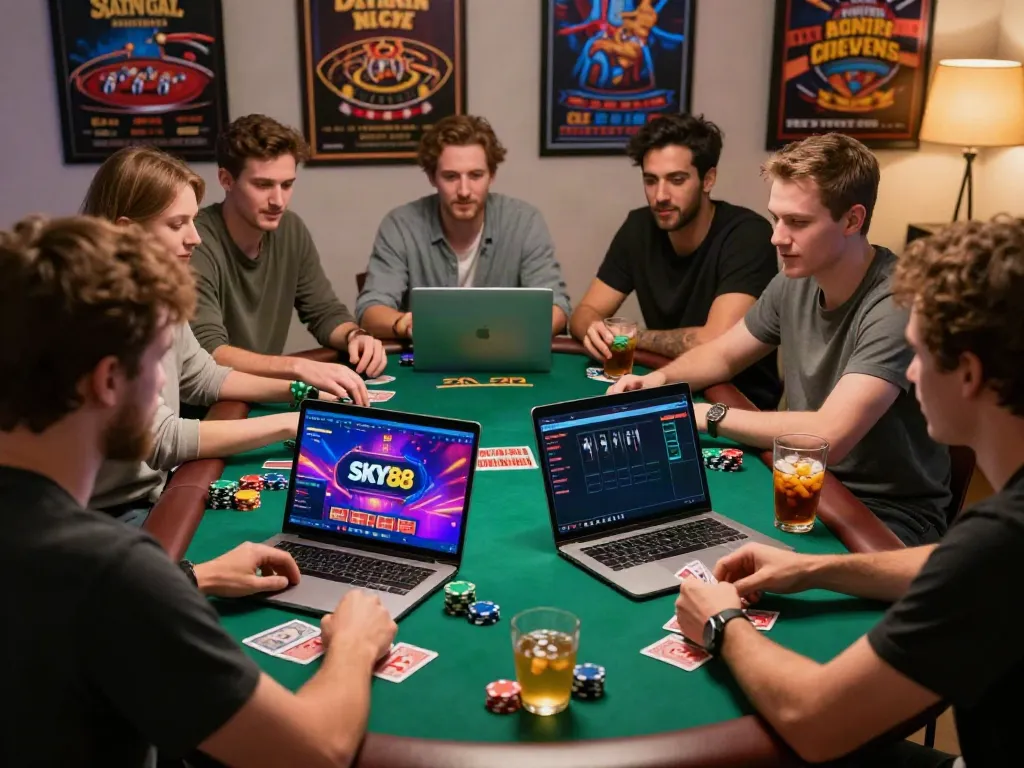 Friends engaging in online gaming at https://sky88tg.com/ with poker chips and laptops in a vibrant setting.