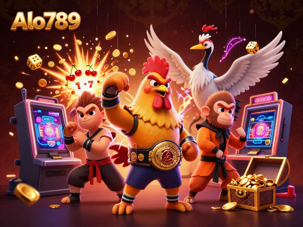 Engage in thrilling gaming with Alo789's unique 3D rooster, monkey, and crane masters amidst a jackpot explosion