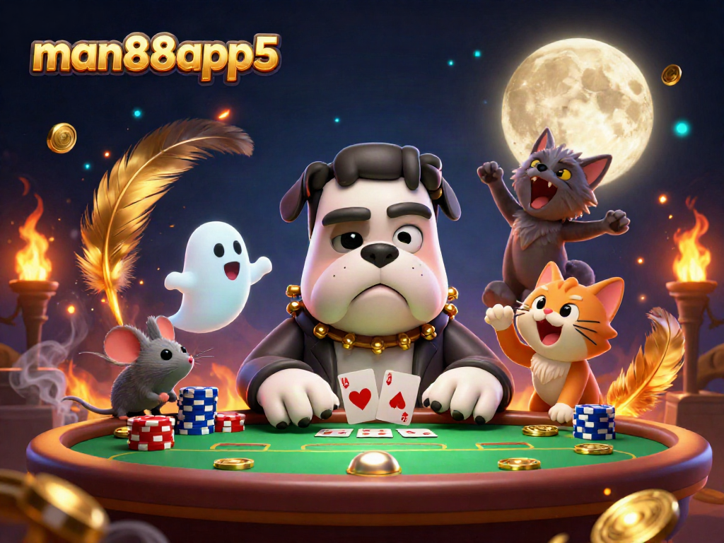 Engage in a thrilling poker game with man88app5's cartoon characters at a spooky table, featuring vibrant casino elements.