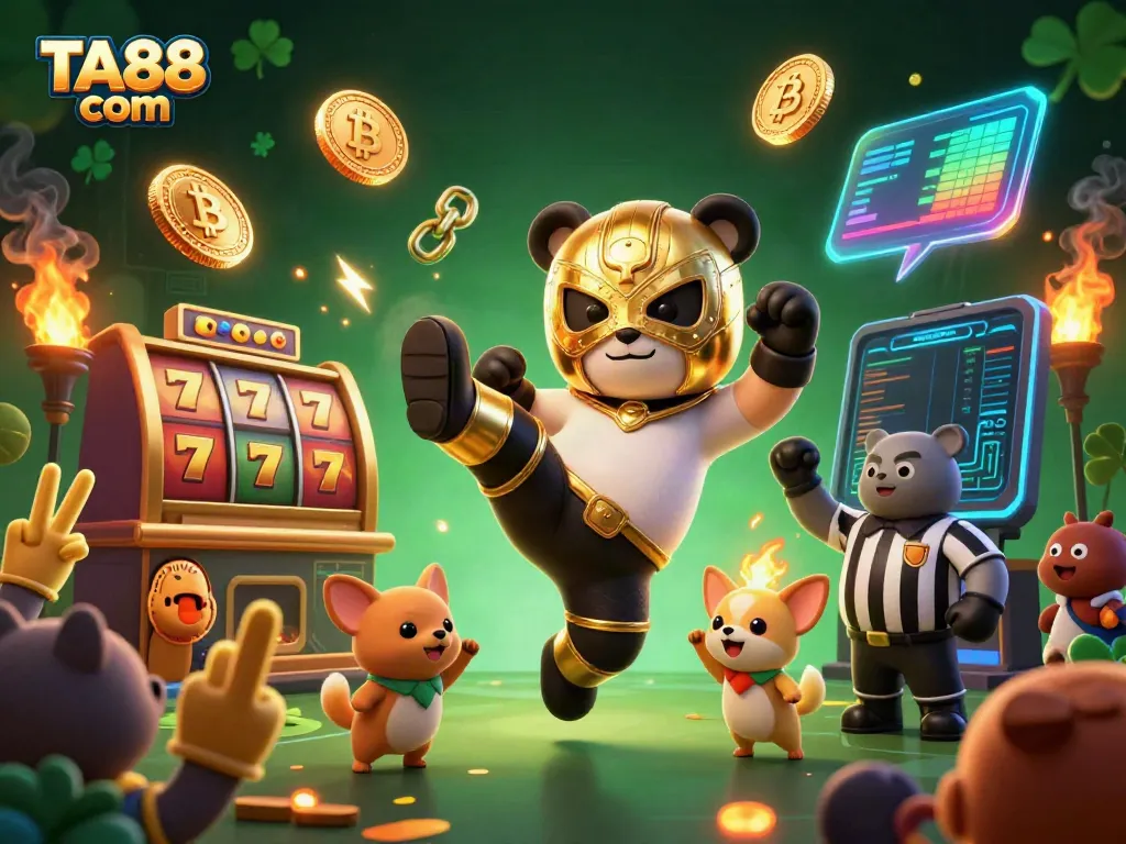 Experience excitement at TA88 com with a panda wrestler kick amidst slot reels and crypto coins.