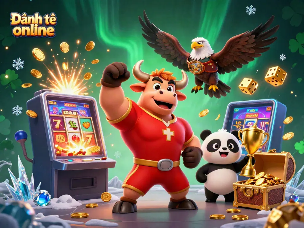 Engage in Đánh đề online with excitement as lucky symbols and 3D characters flourish in a vibrant casino scene.