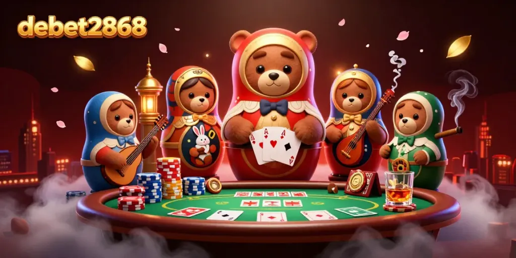 Engage in exciting casino action with debet2868's vibrant gaming scene featuring bears and casino elements.