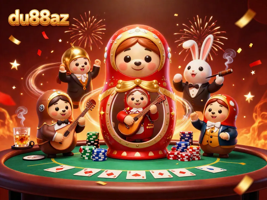 Engage in thrilling casino action with du88az in this dynamic 3D illustration featuring a lively game scene.