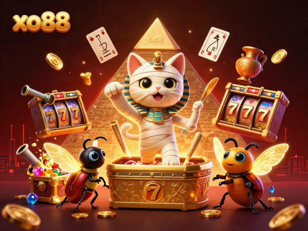Experience excitement at xo88 with a mummy cat, scarab, and glowing slot games in a rich casino scene.