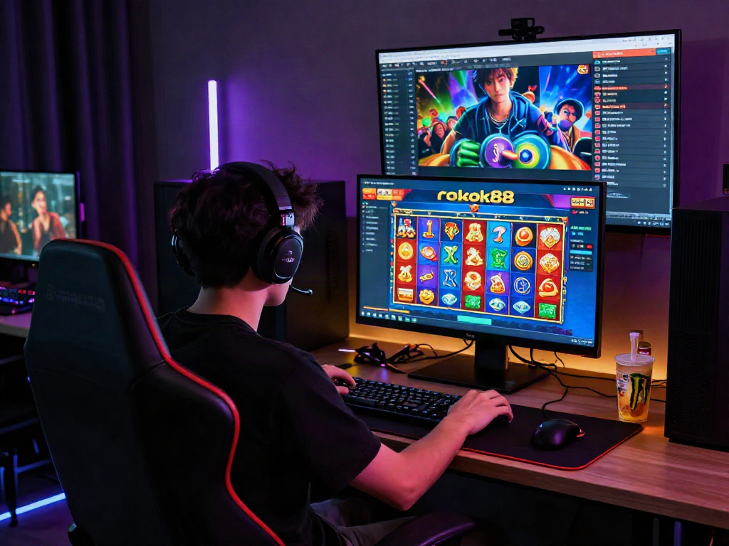 Engaging gaming scene with rokok88 slot display, neon lights, and snacks for an immersive online experience.