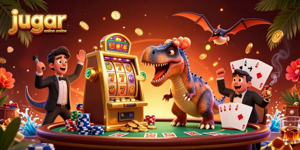 Jugar casino online Chile: ilustración 3D de un dinosaurio activando una máquina tragamonedas ganadora con monedas doradas volando.