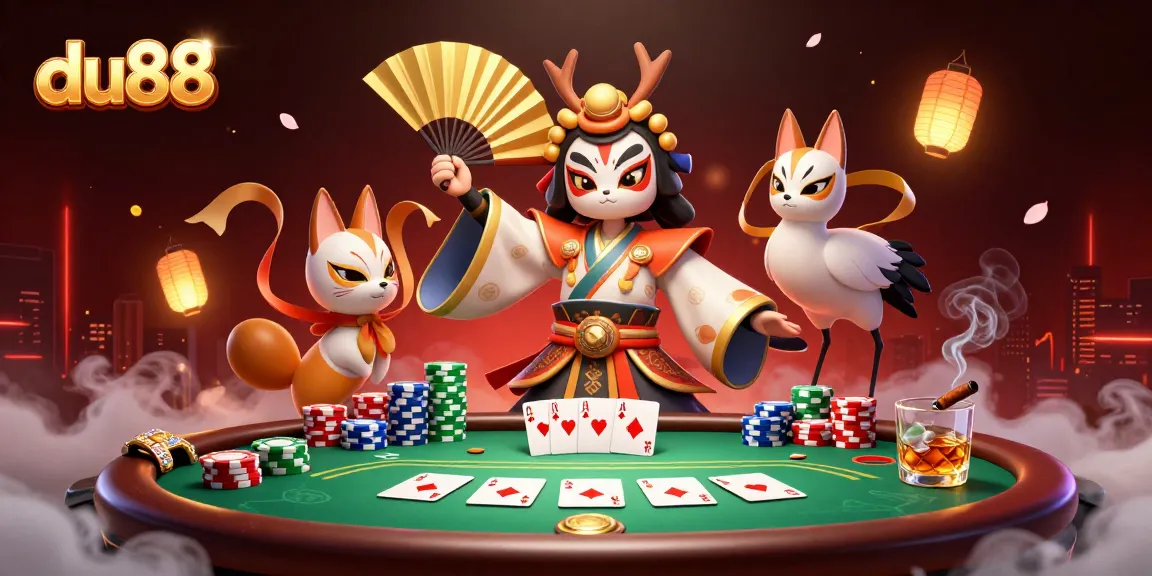Engage in thrilling du88 poker action with a kabuki warrior, chips, and glowing elements.
