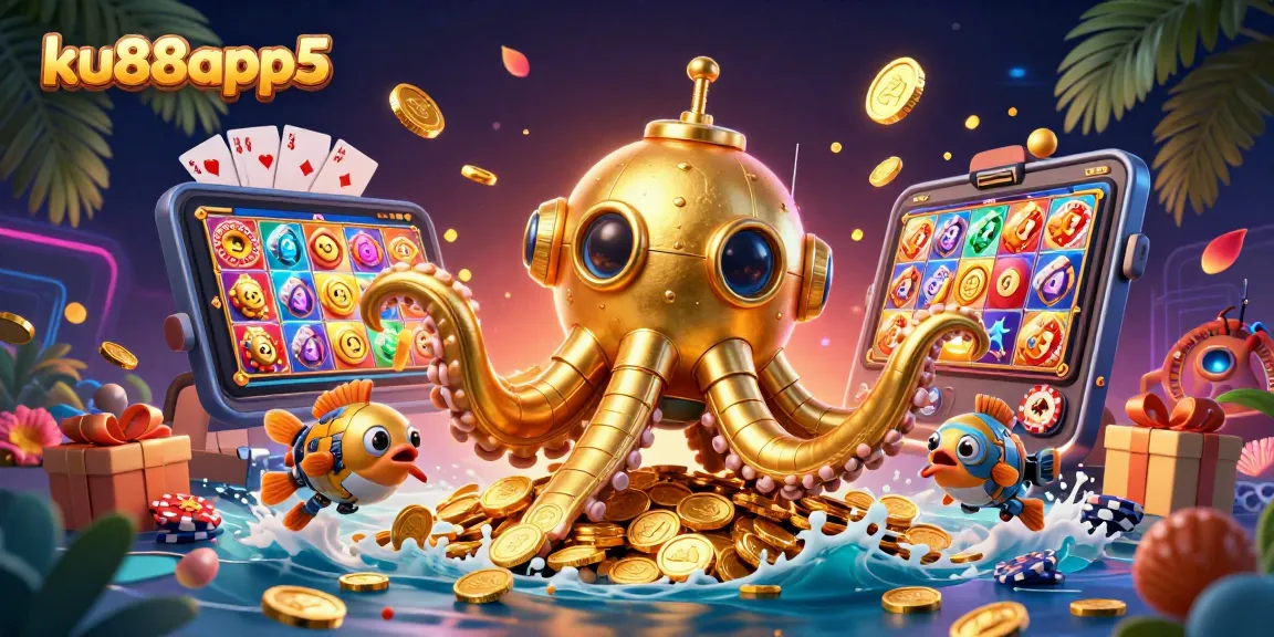 Spin the reels with ku88app5's colorful slot games amidst a treasure of golden coins.