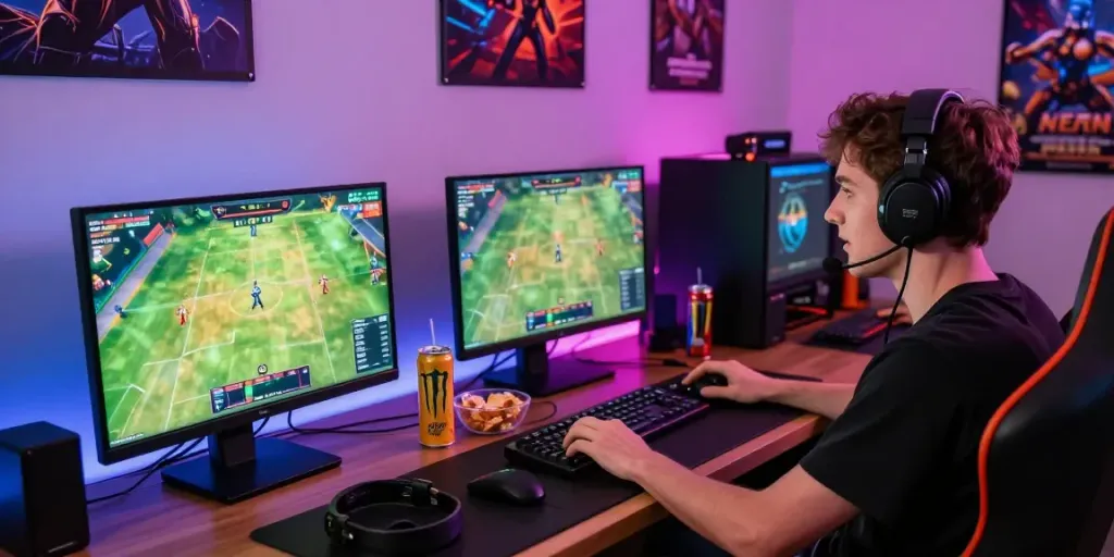 Online gaming passion captured through an excited player betting on https://man88.hair/ with gaming gear in a lively atmosphere.