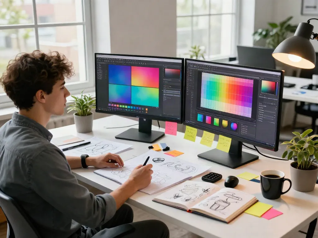 Diseño creativo y dinámico en el espacio de trabajo de siera kaudalor, con un joven diseñador trabajando en herramientas de diseño.