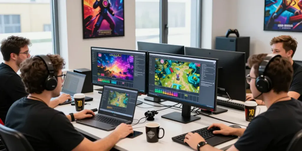 ggsoft gaming developers coding in a creative workspace with vibrant visuals and teamwork